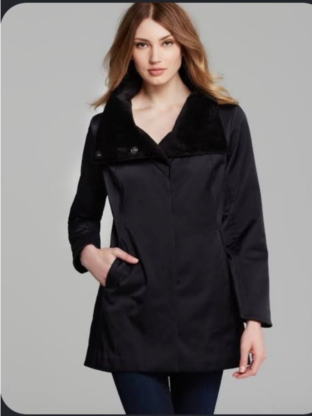 Eileen Fisher Black Bonded Fleece Funnel Neck Faux Fur Lined Coat